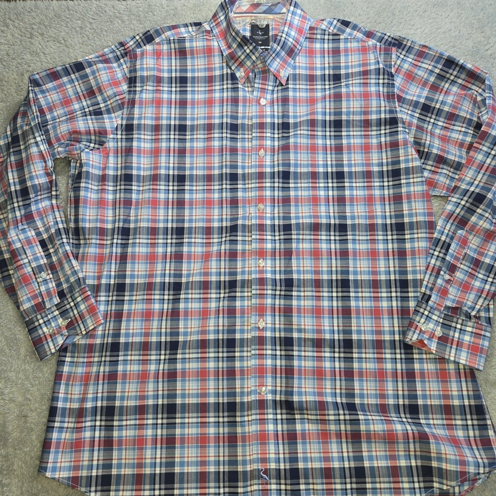 Tailorbyrd Mens Xxl Stretch Plaid Button Down Shirt Red White Blue Long Sleeve